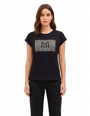 T-shirt regular de algodão com dobra nas mangas e logótipo em strass Rinascimento