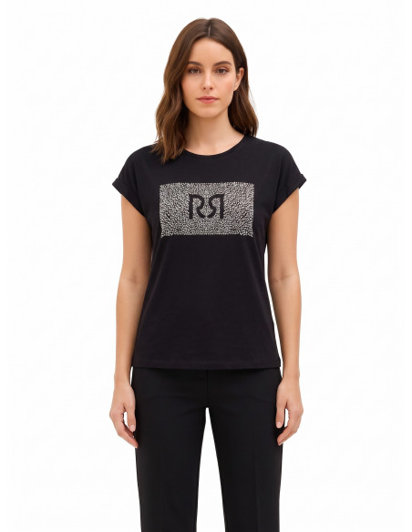 T-shirt regular de algodão com dobra nas mangas e logótipo em strass Rinascimento
