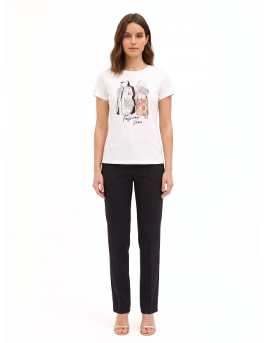 T-shirt regular em algodão com estampado de moda laminado e strass Rinascimento