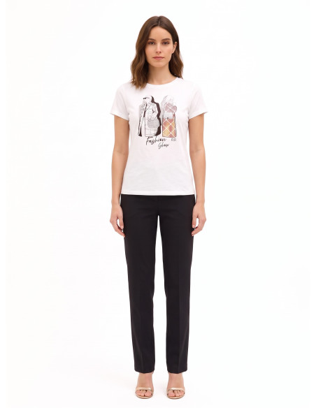 T-shirt regular em algodão com estampado de moda laminado e strass Rinascimento
