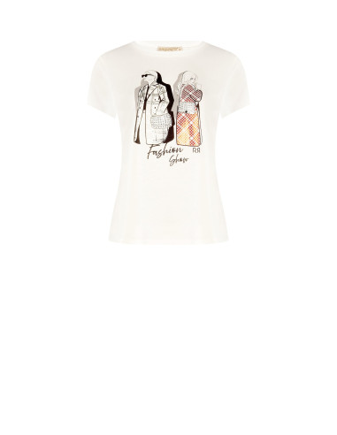 T-shirt regular em algodão com estampado de moda laminado e strass Rinascimento