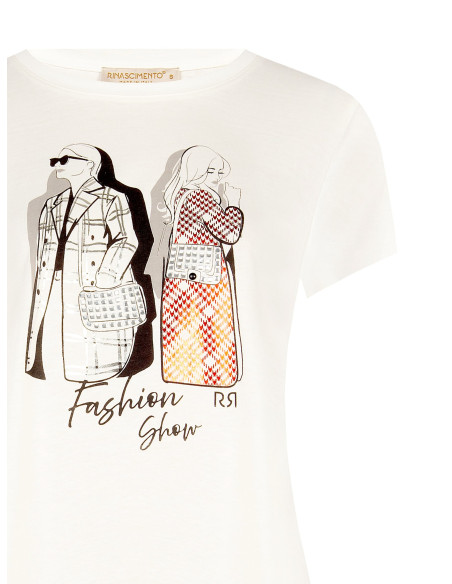 T-shirt regular em algodão com estampado de moda laminado e strass Rinascimento