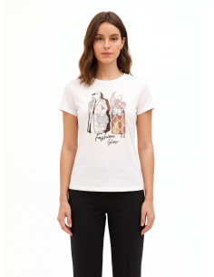 T-shirt regular em algodão com estampado de moda laminado e strass Rinascimento