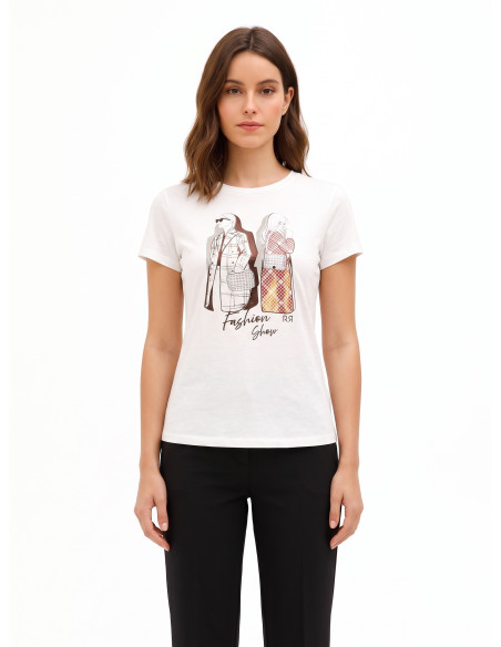 T-shirt regular em algodão com estampado de moda laminado e strass Rinascimento