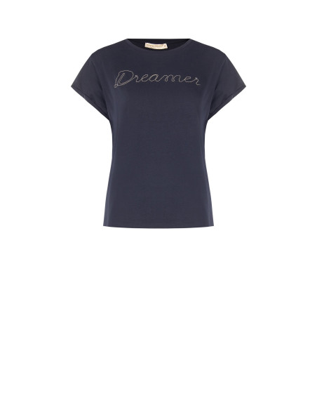 T-Shirt regular em mistura de algodão com a inscrição Dreamer em corrente fina Rinascimento