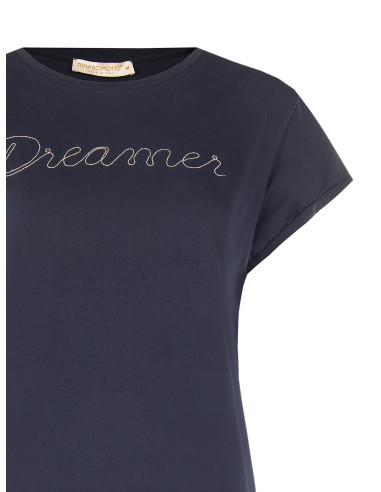 T-Shirt regular em mistura de algodão com a inscrição Dreamer em corrente fina Rinascimento