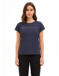 T-Shirt regular em mistura de algodão com a inscrição Dreamer em corrente fina Rinascimento