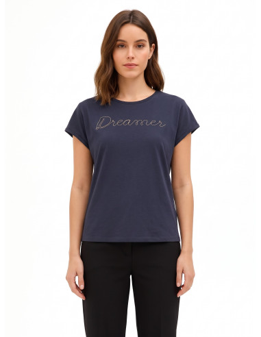 T-Shirt regular em mistura de algodão com a inscrição Dreamer em corrente fina Rinascimento