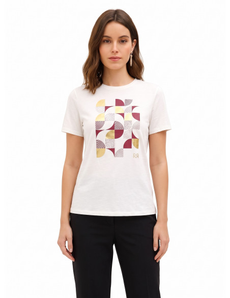 T-shirt regular de algodão com estampado geométrico e detalhes laminados Rinascimento