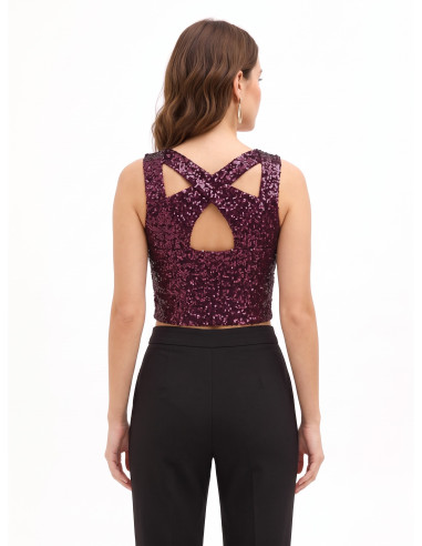 Crop top coberto de lantejoulas com cut-out Rinascimento