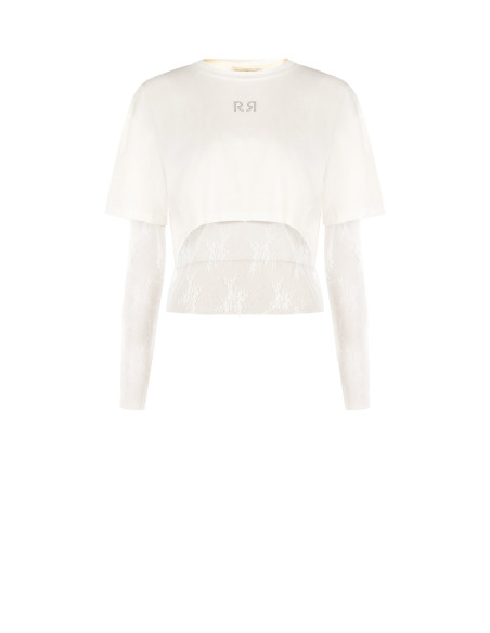 Conjunto de top em renda e crop top em algodão com logótipo RR em strass Rinascimento