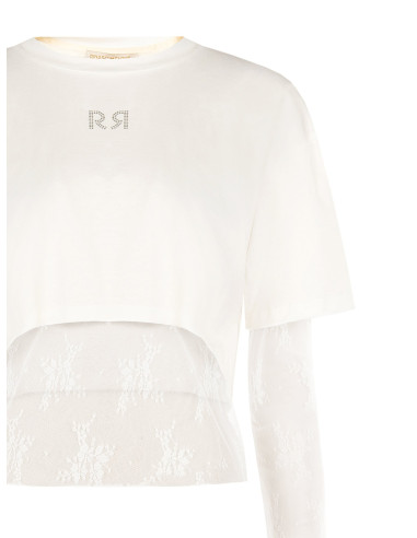Conjunto de top em renda e crop top em algodão com logótipo RR em strass Rinascimento