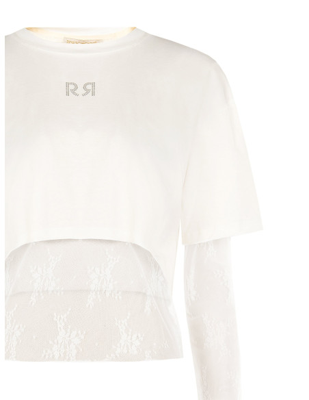 Conjunto de top em renda e crop top em algodão com logótipo RR em strass Rinascimento