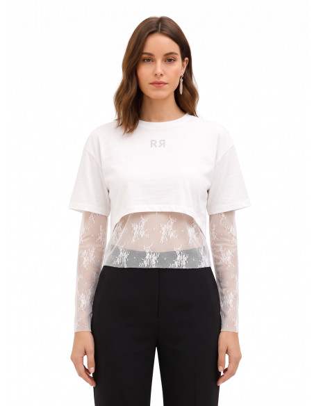 Conjunto de top em renda e crop top em algodão com logótipo RR em strass Rinascimento