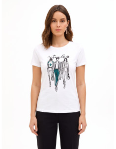 T-shirt regular em mistura de algodão com estampado de desfile em flocagem Rinascimento