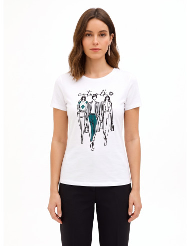 T-shirt regular em mistura de algodão com estampado de desfile em flocagem Rinascimento