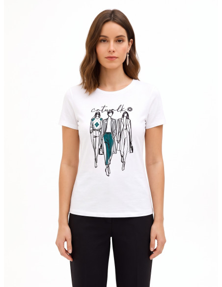 T-shirt regular em mistura de algodão com estampado de desfile em flocagem Rinascimento