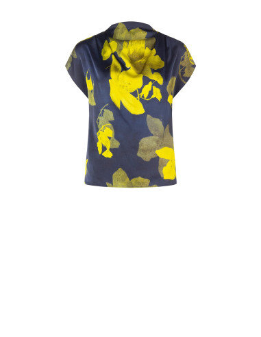 Blusa fluida de cetim com flores e decote drapeado Rinascimento