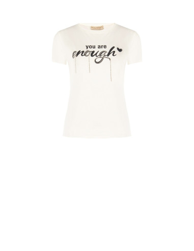 T-shirt de corte regular em mistura de algodão com estampado de slogan e strass Rinascimento