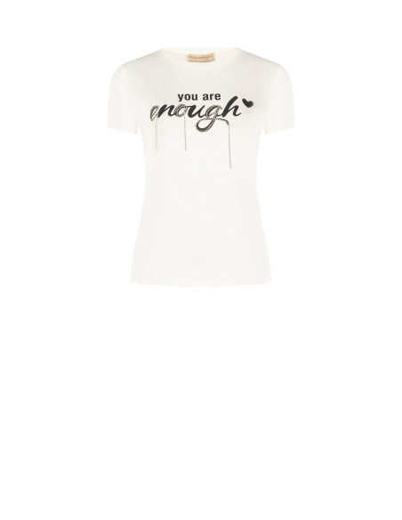 T-shirt de corte regular em mistura de algodão com estampado de slogan e strass Rinascimento