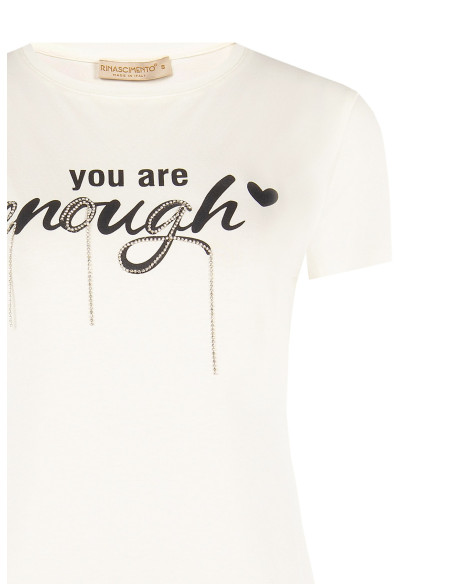 T-shirt de corte regular em mistura de algodão com estampado de slogan e strass Rinascimento