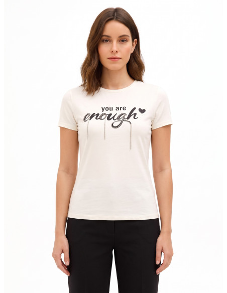 T-shirt de corte regular em mistura de algodão com estampado de slogan e strass Rinascimento