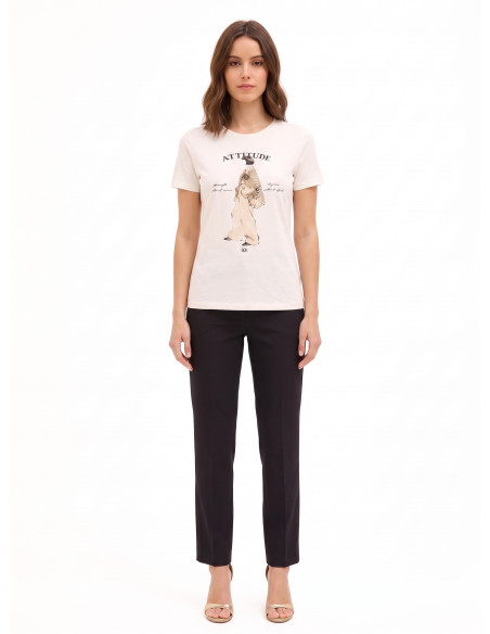 T-shirt de corte regular em mistura de algodão com estampado de figura feminina e cristais Rinascimento