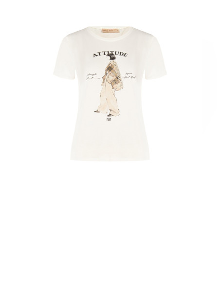 T-shirt de corte regular em mistura de algodão com estampado de figura feminina e cristais Rinascimento