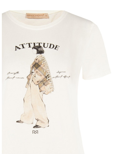 T-shirt de corte regular em mistura de algodão com estampado de figura feminina e cristais Rinascimento
