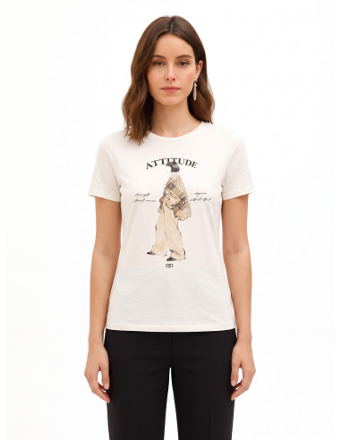 T-shirt de corte regular em mistura de algodão com estampado de figura feminina e cristais Rinascimento