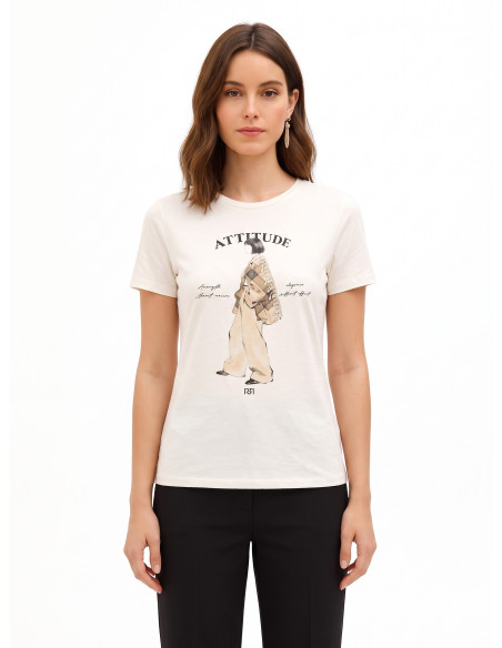 T-shirt de corte regular em mistura de algodão com estampado de figura feminina e cristais Rinascimento