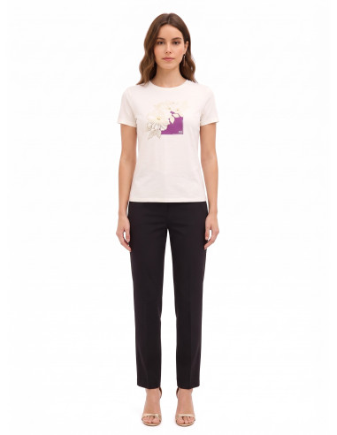T-Shirt Regular de Algodão com Flores Laminadas e Pérolas Rinascimento