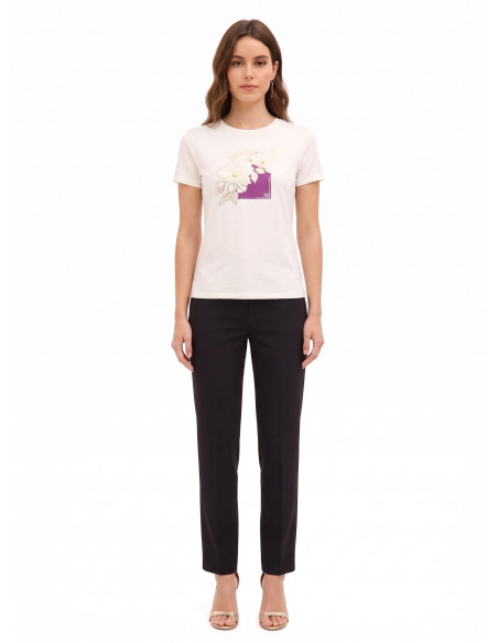 T-Shirt Regular de Algodão com Flores Laminadas e Pérolas Rinascimento