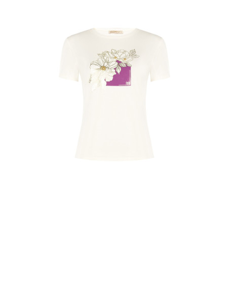 T-Shirt Regular de Algodão com Flores Laminadas e Pérolas Rinascimento
