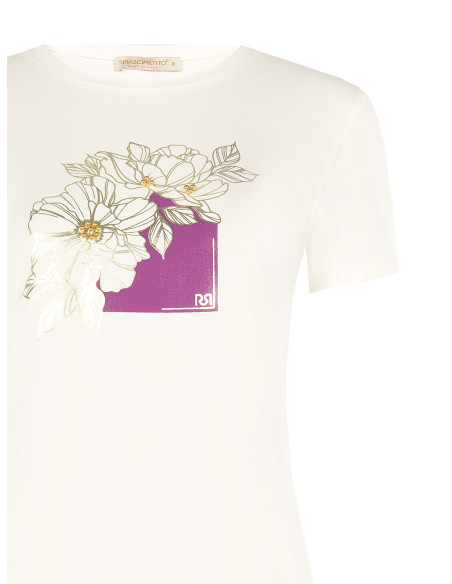 T-Shirt Regular de Algodão com Flores Laminadas e Pérolas Rinascimento