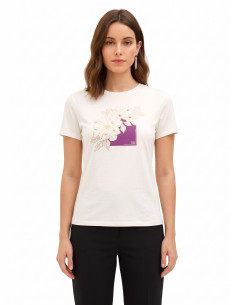 T-Shirt Regular de Algodão com Flores Laminadas e Pérolas Rinascimento