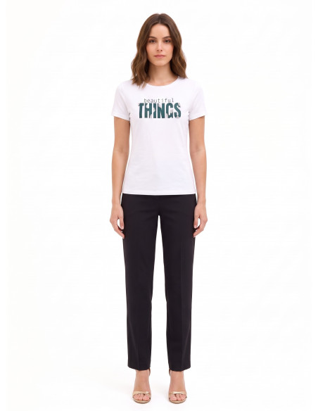 T-shirt regular em mistura de algodão com estampado de slogan e strass Rinascimento