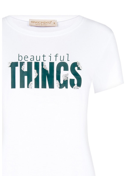 T-shirt regular em mistura de algodão com estampado de slogan e strass Rinascimento