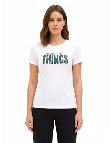 T-shirt regular em mistura de algodão com estampado de slogan e strass Rinascimento