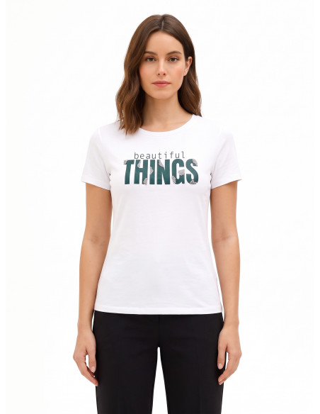 T-shirt regular em mistura de algodão com estampado de slogan e strass Rinascimento