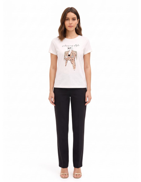 T-Shirt Regular em Algodão com Estampado Fashion e Franjas de Strass Rinascimento