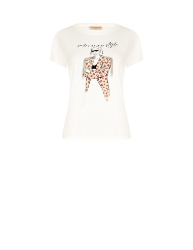 T-Shirt Regular em Algodão com Estampado Fashion e Franjas de Strass Rinascimento