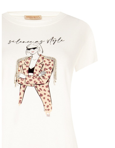 T-Shirt Regular em Algodão com Estampado Fashion e Franjas de Strass Rinascimento