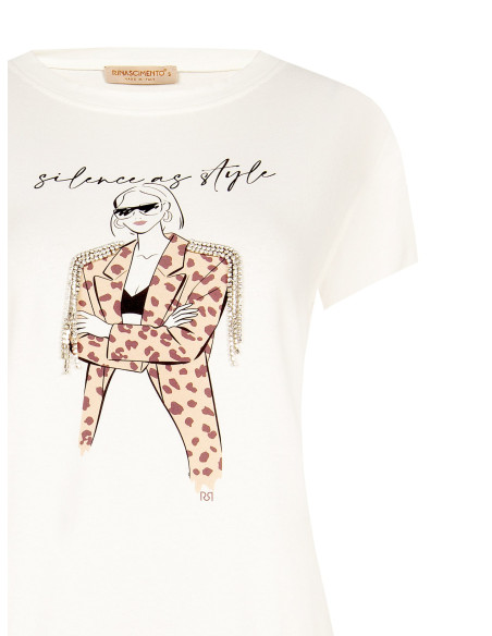 T-Shirt Regular em Algodão com Estampado Fashion e Franjas de Strass Rinascimento