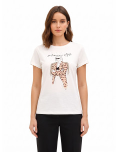 T-Shirt Regular em Algodão com Estampado Fashion e Franjas de Strass Rinascimento