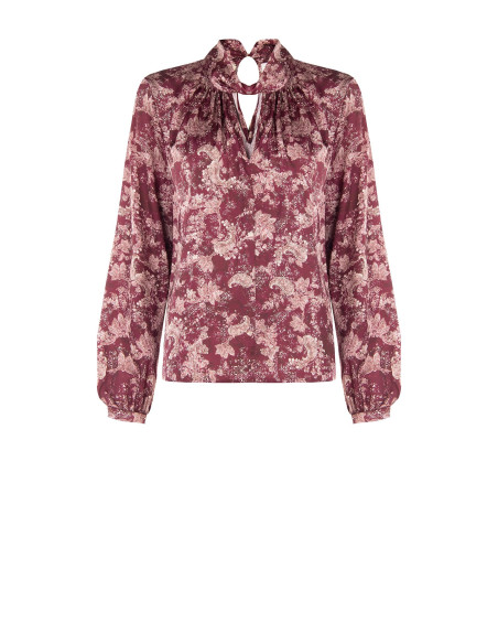Blusa fluida de cetim com estampado paisley e gola enrolada Rinascimento