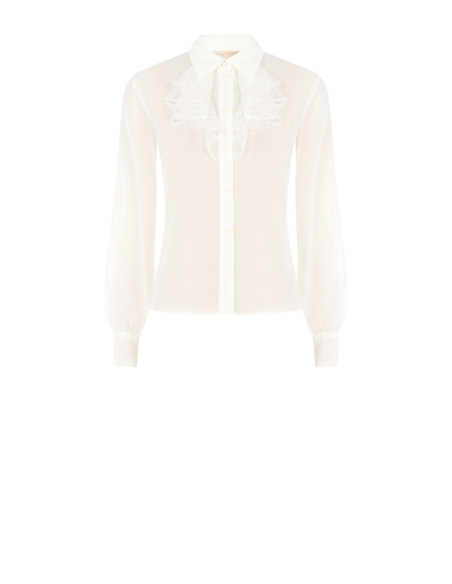 Camisa de georgette transparente com folhos de renda Rinascimento
