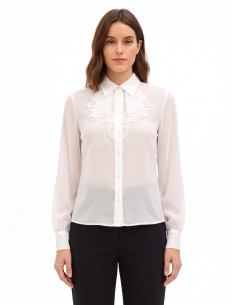 Camisa de georgette transparente com folhos de renda Rinascimento