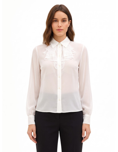 Camisa de georgette transparente com folhos de renda Rinascimento