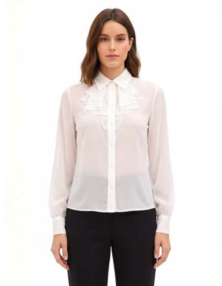 Camisa de georgette transparente com folhos de renda Rinascimento